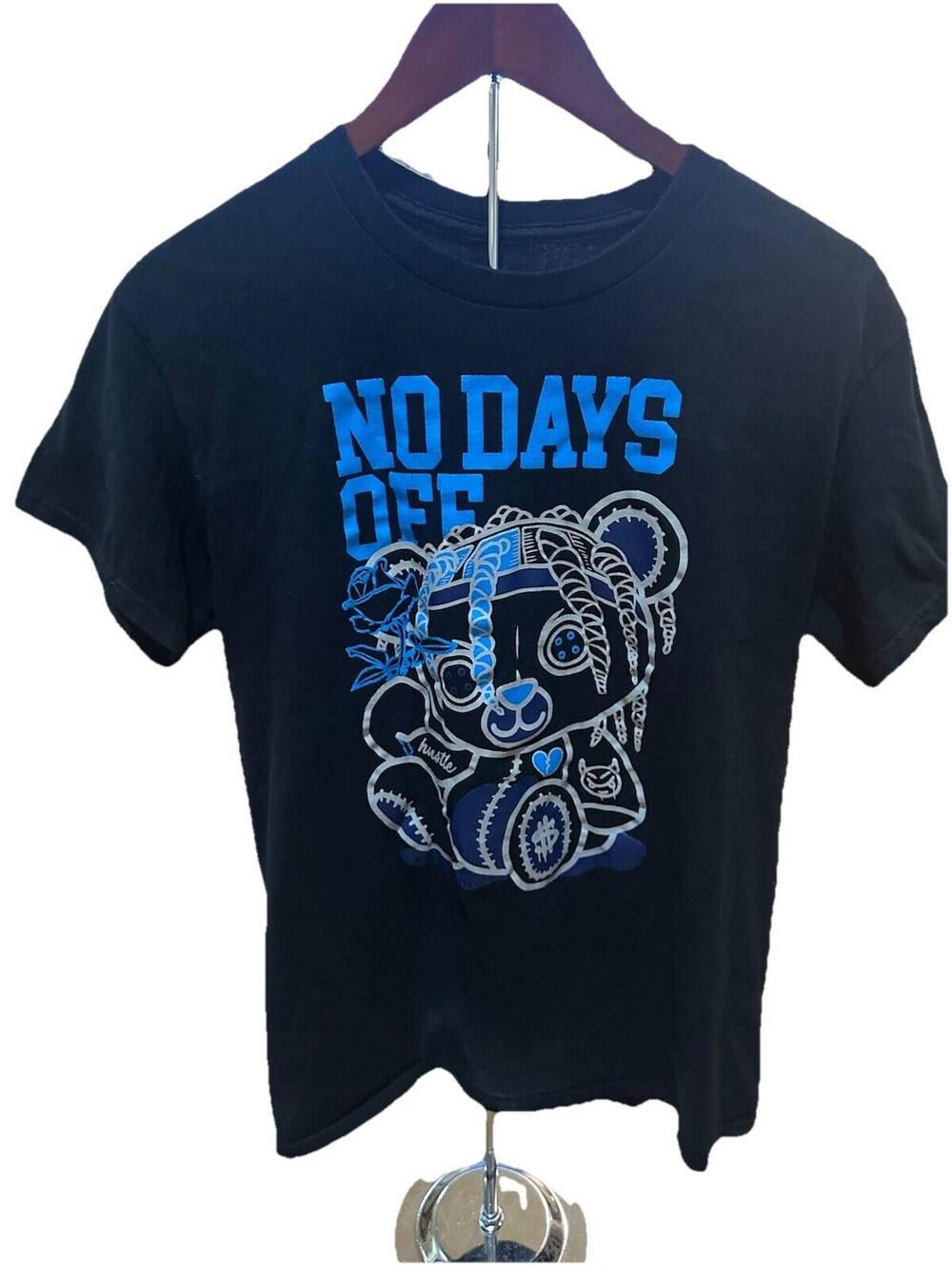 Paper Cut No Days Off Teddy Bear Graphic T Shirt Black Blue Streetwear M